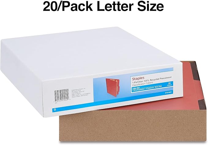 Staples Colored Pressboard Classification Folders, Letter, 1 Partition, Red, 20/Pack