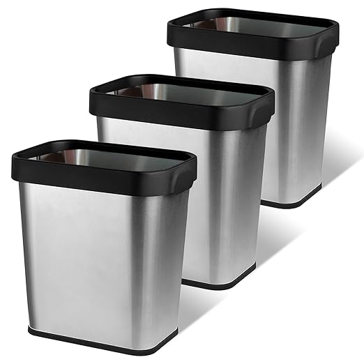 3 Pack Stainless Steel Trash Can 3 Gallon, Open Top Trash Can, 8" x 11" x 13", Rectangle Rubbish Bin, Slim and Narrow, No Lid Small Wastebasketfor Kitchen, Bathroom, Living Room, Office