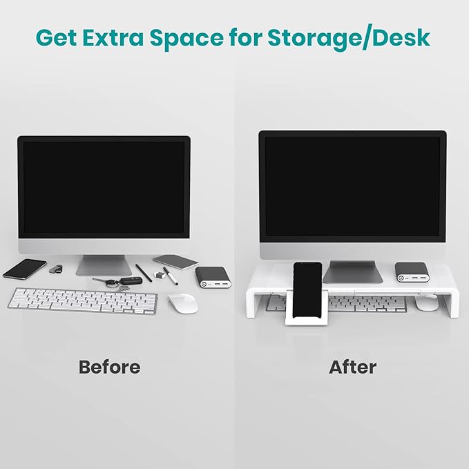 Monitor Stand Riser, Klearlook Foldable Computer Monitor Riser, Height Adjustable Computer Stand, Desk Shelf Riser with Storage Drawer & Tablet Phone Stand for Computer, Desktop, Laptop (White 2 Pack)