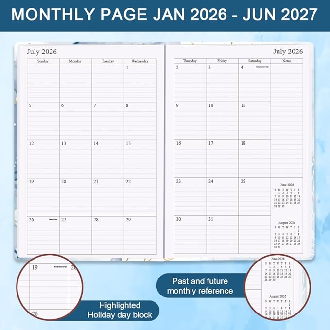 Planner 2026-2027 - 18 Months (Jan 2026 - Jun 2027) Agenda Planner 5.8" x 8.5", 2026-2027 Weekly & Monthly Planners with Hard Cover, Blue Watercolor
