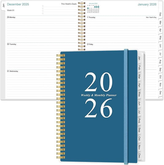 2026 Planner - Planner 2026 from January 2026 to December 2026 with 12 Monthly Tabs, Flexible Cover, Inner Pocket, 8.5" x 11", Blue