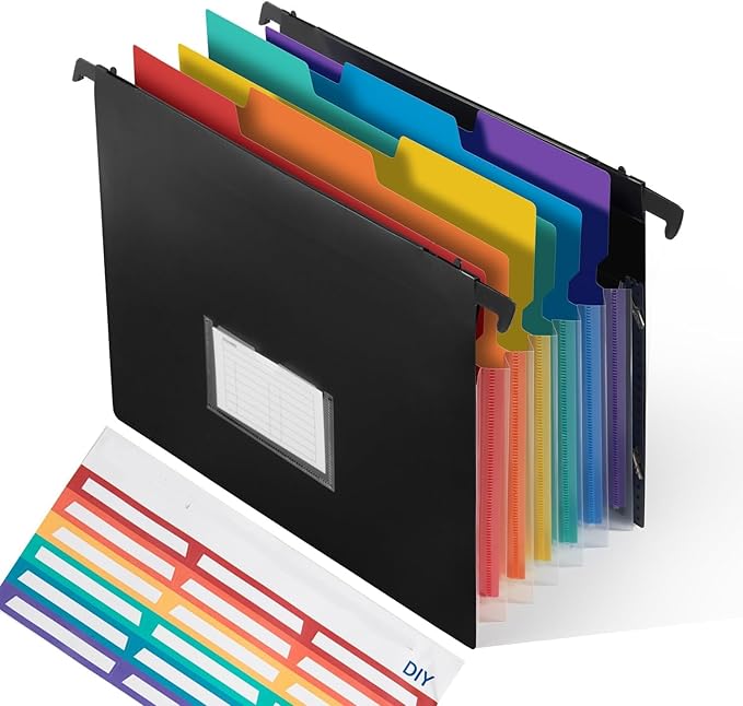 TRANBO 7-Pockets Hanging File Folder with Retractable Hooks for Filing Cabinet, Letter Size Expandable Accordion File Organizer with Elastic Band for File Frame or On-The-Go Use (1 Pack)