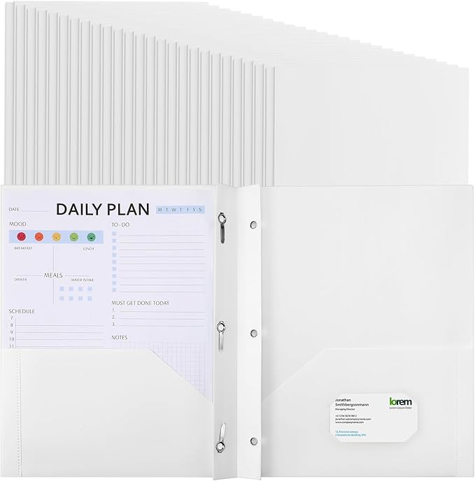 Patelai 48 Pcs Plastic Folders with 2 Pockets and 3 Prongs Home Folders with Card Slot Letter Size Heavy Duty Report Covers for Back to School(White,Classic)