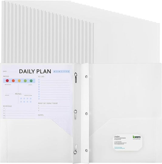 Patelai 48 Pcs Plastic Folders with 2 Pockets and 3 Prongs Home Folders with Card Slot Letter Size Heavy Duty Report Covers for Back to School(White,Classic)