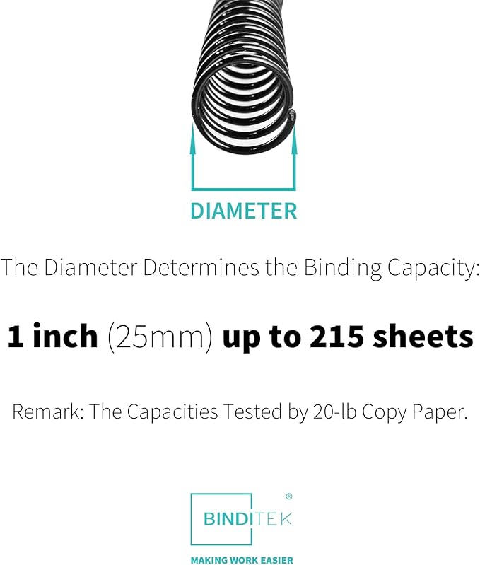 Binditek 50 Pack Plastic Spiral Binding Coils, 25mm(1"), 215 Sheet Capacity, 4:1 Pitch, Black, 48 Loops, for Letter Size, for Students and Coworkers