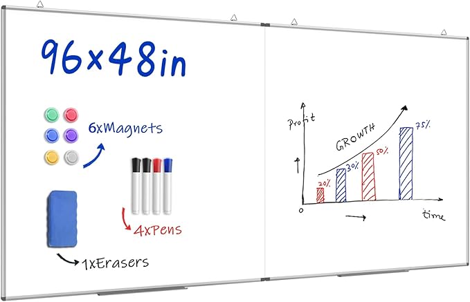 96"X 48" Large Magnetic Dry Erase Whiteboard, Removable Wall Hanging Board with 4 Pens & 1 Dry Erasers & 6 Magnets, Sliver Aluminum Frame White