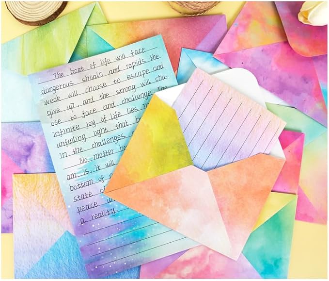 160 Packs Stationery Paper and Envelopes Set 10 Different Designs, 50 One Sided Stationery Writing Papers with 50 Matching Envelopes and 60 Round Dot Sticker, 5.5 x 8.25 Inch (Watercolor)