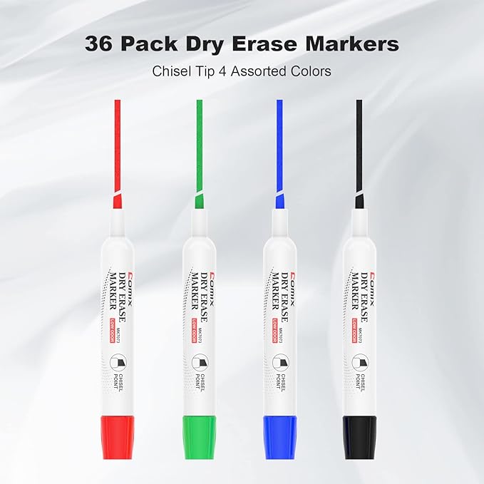 Comix Low Odor Dry Erase Markers, Chisel Tip White Board Markers, 36 Bulk 4 Colors Thick Markers for Kids Teachers