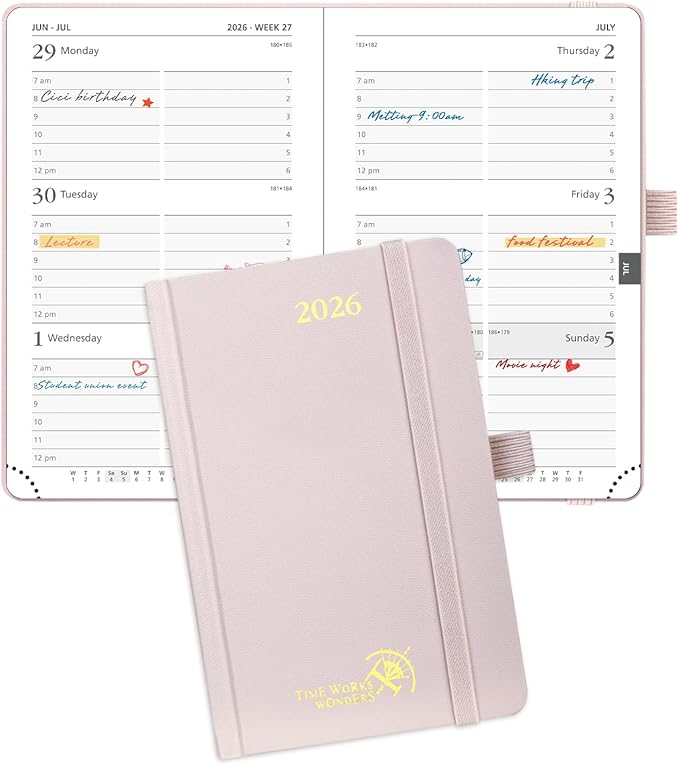 POPRUN 2026 Planner (Pocket Size 4''x 6.25'' Hardcover) - Small Calendar for Purse with Hourly Schedule & Vertical Weekly Layout, Monthly Calendars, 100 GSM - Light Pink