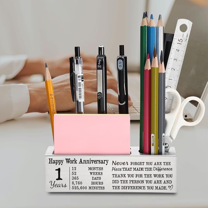 FOKCBOCM 1 year Work Anniversary Plaque gifts for Employee, Thank you Appreciation gifts for Coworkers Staff, 1 year Work Anniversary for Her Him, Happy Work Anniversary Office Pencil Holders-DS96