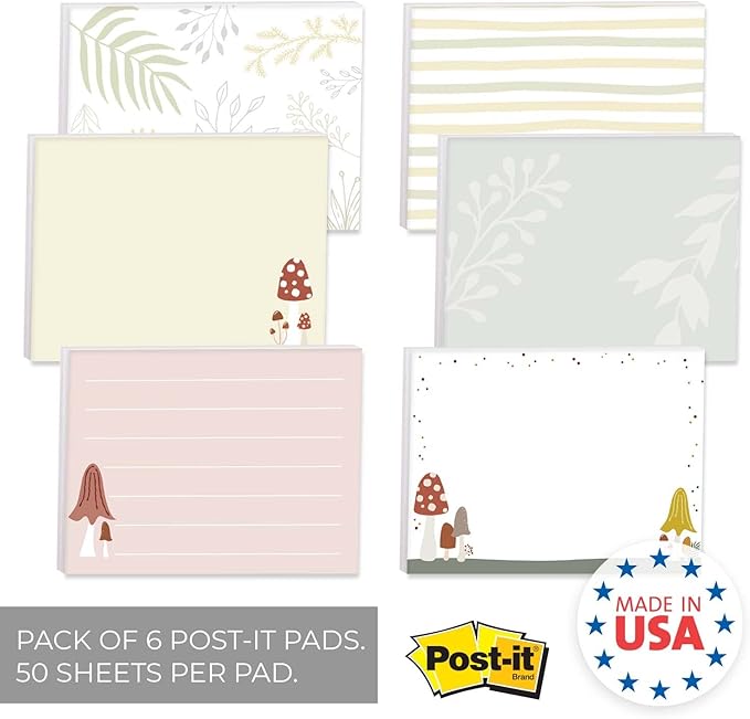 Woodland Mushroom Sticky Note Pads / 4" x 3" Whimsical Sticky Notes/Set of 6 Pads / 50 Sheets Per Pad/Trendy Gift Idea/Made in The USA