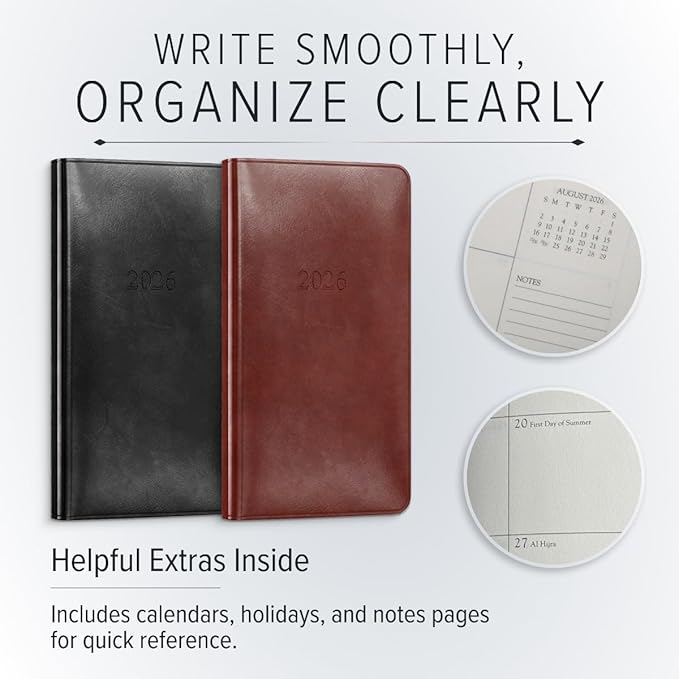 Gallery Leather Pocket Weekly Monthly Planner 2025-2026, Elegantly Bound Calendar Planner and Notebook with Stylish Gold-Gilded Page Edges, 12 Months - Caribbean Hibiscus - 6 x 3.25 "