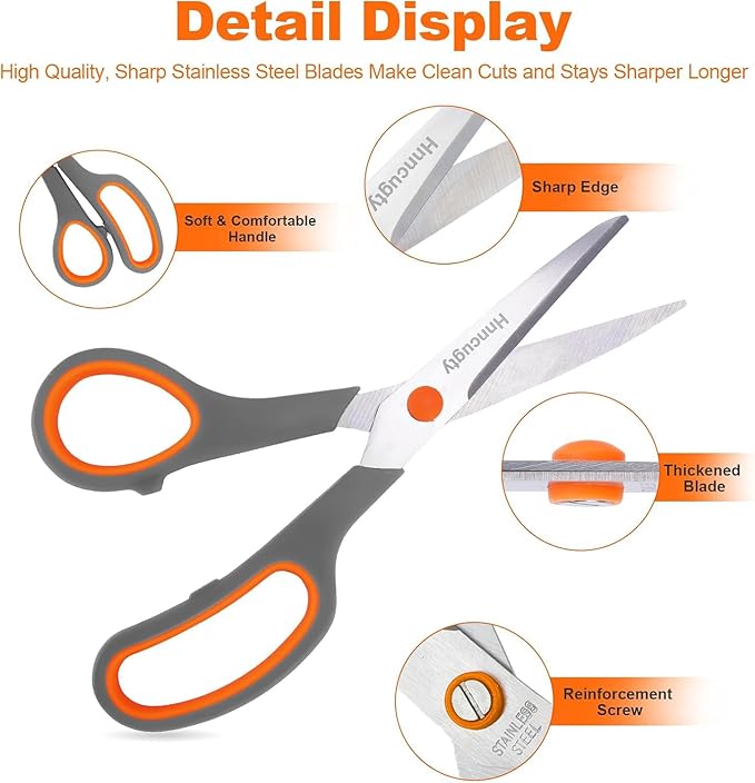 Scissors for Office School Supplies, Hnncugty 8" Scissors All Purpose Bulk Set of 24-Pack, Sharp Shears for Home Craft Sewing Fabric, Middle School Student Teacher Supplies, Comfort Right/Left Handed