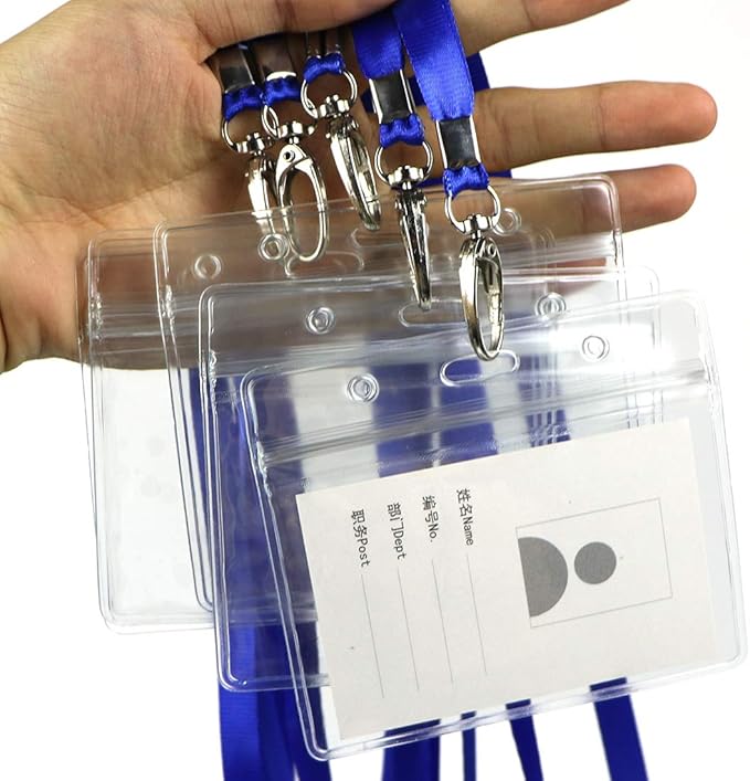 Lanyard with ID Holder 50 Pcs Waterproof Name Tag Horizontal Badge ID Card Holders ID Pass Holder and 50 Pcs Flat Neck Blue Lanyards Swivel Hook