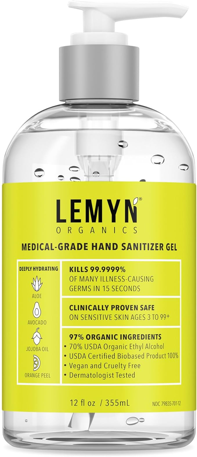 Medical‑Grade Hand Sanitizer Gel – 97 % Organic | 70 % USP Ethyl Alcohol | Moisturizing Aloe + Hyaluronic Acid | Freshly Made in USA | 12oz Bottle with Pump
