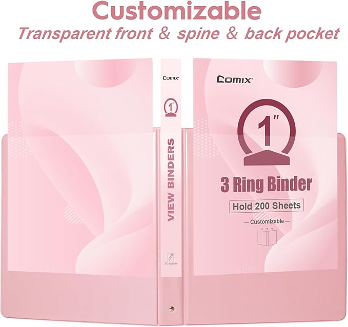 COMIX Standard 3 Ring Binder 1 inch with Clear View Cover, 1" Round Ring View Binder Holds 200 Sheets of US Letter Size Paper for School Office Supplies, 6 Pack (Pink)