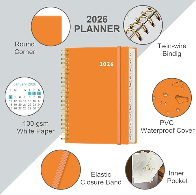 2026 Planner - Weekly and Monthly Calendar Planner from Jan 2026 - Dec 2026, Planner 2026 Spiral Bound with 12 Monthly Tabs, Inner Pocket, Perfect for School Office Supplies, 6.4" x 8.5", Orange-C
