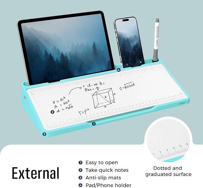 LOUKIN Glass Desktop Whiteboard, 15.3" x 5.6" Dry Erase Desk Board with Dotted and Graduated Surface, Desktop Buddy, Great for Design and Drawing, 3 Markers and 1 Dry Erase Eraser Included (Sky Blue)