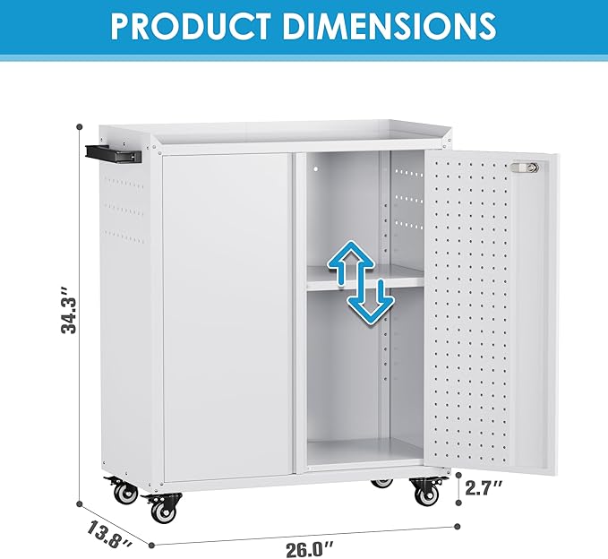 Aobabo 34.3" H Garage Storage Cabinet with Wheels,Lockable Metal Storage Cabinet with 2 Doors for Garage Home Office Storage,White,Assembly Required