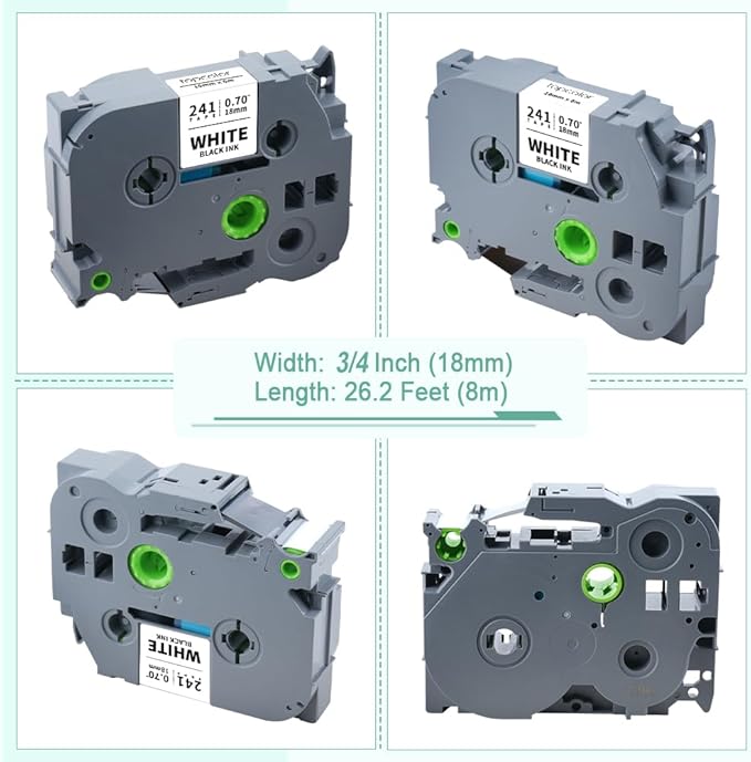 8-Pack 18mm 0.7" Laminated White Tape Compatible for Brother Tze-241 Tze241 Tz-241 Tz241 3/4" P Touch Tze Tz 18mm Label Tape for PTD410 PTD400 PTD610BT PTD600 PTD460 PT-2730 Label Maker