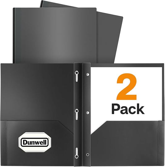 Dunwell Plastic Folders with 3 Prongs, (2 Pack, Black), 2-Pocket Folders with Fasteners, Durable Acid-Free Poly for Long Term Use, Includes Labels