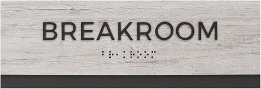 Breakroom Sign with Braille/Easy Adhesive Mount Door and Wall Sign for Small Businesses and Restaurants/ 3 x 9 inches/Silver Woodgrain