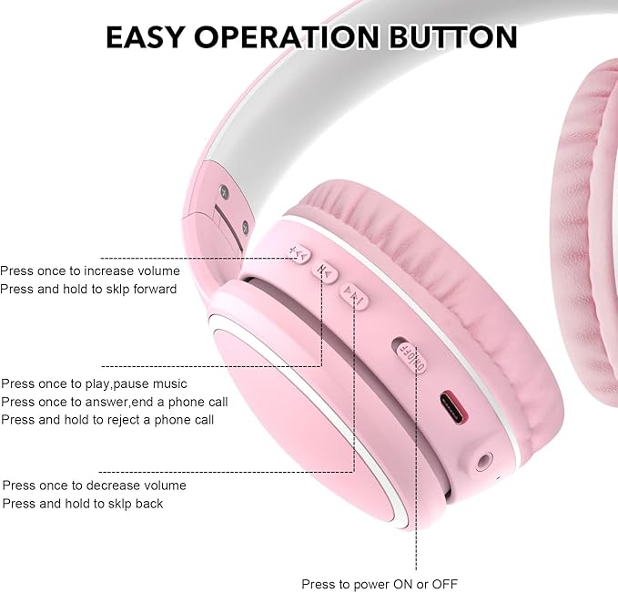 RORSOU B10 Wireless Over-Ear Headphones, Lightweight Folding Stereo Bass Bluetooth Headset with Mic, 50H Playtime, Volume Control, Bluetooth 5.3 Headphones for iPad/Travel/Tablet/PC (Pink)