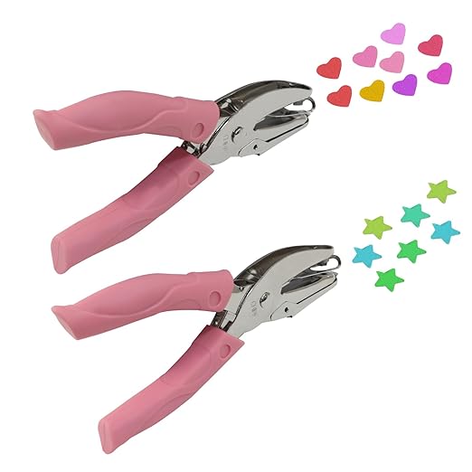 Handheld Hole Paper Punch Kit, Heart and Star Hole Punch, 1/4 Inch Metal Single Hole Puncher with Soft Grip Handle for DIY Craft, Scrapbooking, Tags, Paper Projects