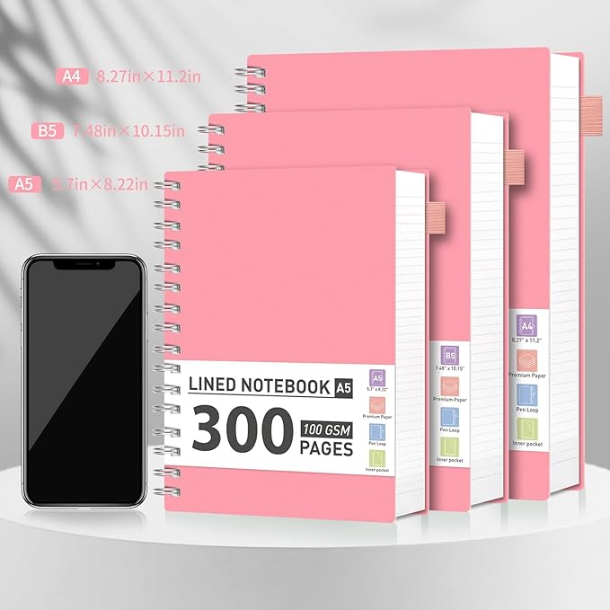 AHGXG Spiral Journal Notebook - College Ruled Notebook 8.5" x 11", 300 Pages Thick Journal for Women, 100GSM Thick Paper, Plastic Hardcover A4 Journal for Writing Work School Supplies, Pink