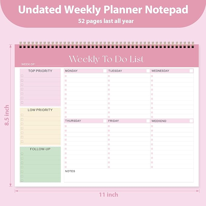 Weekly To Do List Notepad, Undated Planner with 52 Sheets (8.5''x11''), Desk Weekly Planner for Women & Man, Home School & Work (Pink)