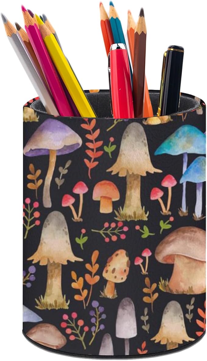 Mushrooms Pen Holder Pencil Organizer Cute Pencil Cup Desk Decor Makeup Brush Holder PU Multifunctional Office Suppliesfor Home Classroom School