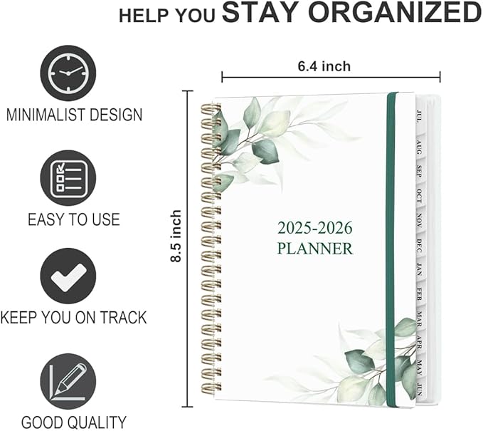 Planner 2025-2026 - Weekly & Monthly Planner from July 2025 to June 2026, Agenda 2025 2026 with Inner Pocket, Elastic Band, 6.4" x 8.5", Green Leaf