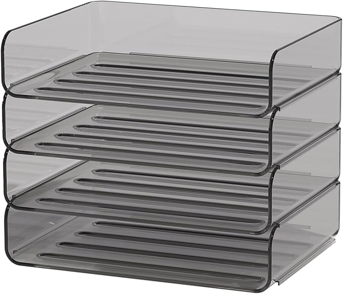 4-Tier Acrylic Paper Tray Organizer - Low-Profile Desk File Sorter for Office/Home, Brown Stackable Letter Tray for Bills, Crafts, Notebooks
