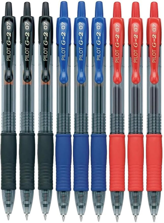G2 Retractable Premium Gel Ink Roller Ball Pens Fine Point Fine Point (.7mm) Black/Blue/Red Ink 9-pk; Refillable & Premium Comfort Grip Bundle with Plastic Reusable Pouch