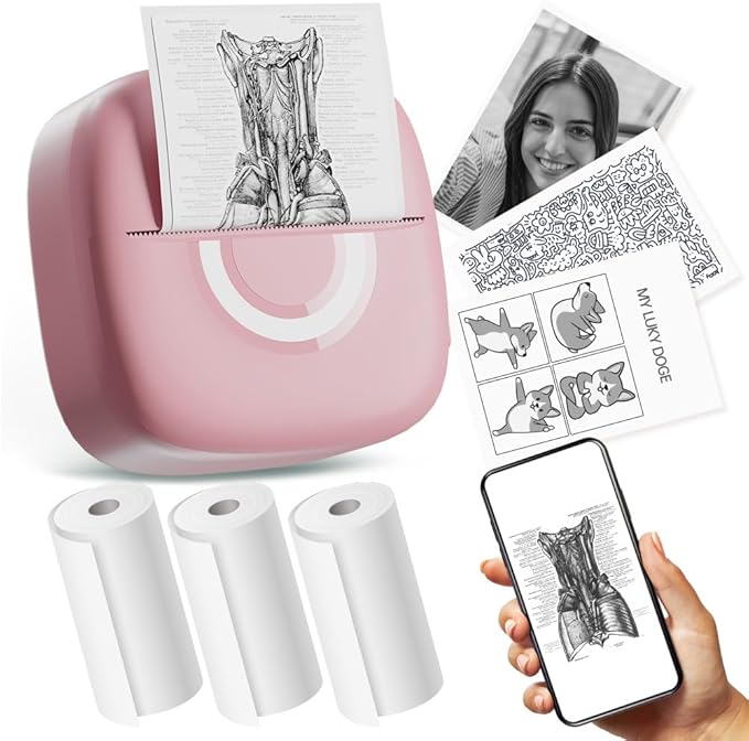 Mini Printer Sticker Thermal Printer with 3 Rolls Paper, Bluetooth Portable Phone Print Pods,Study Sticker Maker for Pictures, Photos, Journals, DIY, Compatible with Phone & Tablet