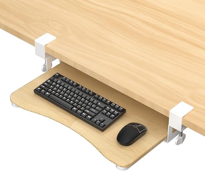 suptek Small Keyboard Tray Under Desk Pull Out with C Clamp Mount for Computer Keyboard, 20 (24.2 Including Clamps) x 11.8 inch Slide-Out Platform Computer Drawer for Typing, Light Wood, DSF1SQM