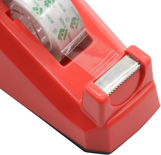 Cute Red Desk Tape Dispensers, 1 Pack with 12Rolls Transparent Tape, 1 Inch Core, for School, Office and Home DIY, BOMEI PACK