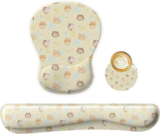 Wrist Rest Support for Mouse Pad Keyboard Set Circle Coaster Gaming Mouse Pad Ergonomic Gel Memory Foam Set for Computer, Laptop, Office, Pain Relief, Comfortably Typing Cat KM-35