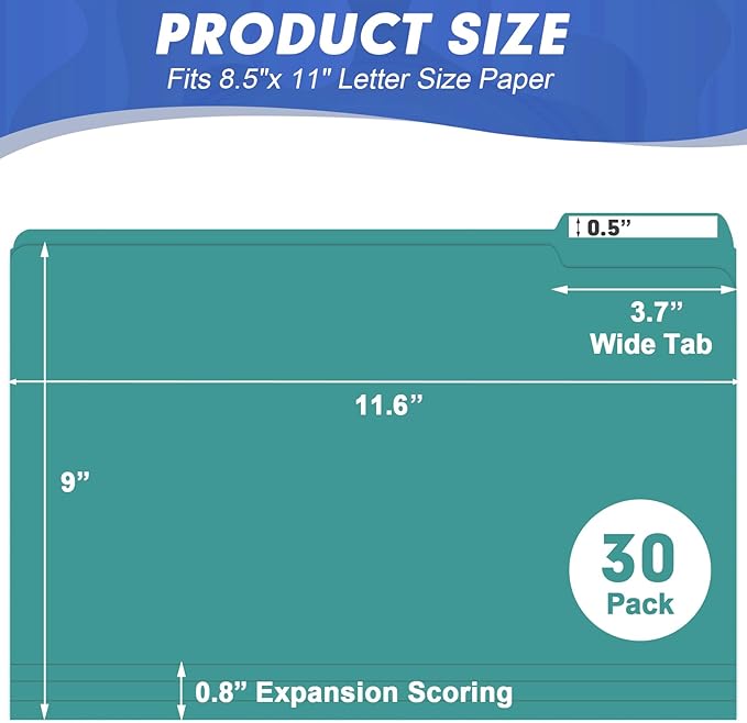 File Folder, HERKKA 30 Pack 1/3 Cut Tab File Folders, File Folders Great for Organizing and Filing, Letter Size, Turquoise