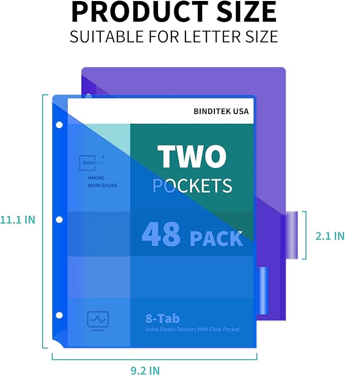 Binditek 48 Pack Plastic 8-Tab Binder Dividers with 2 Pockets, Tab Insertable Poly Pocket Dividers for 3 Ring Binders, Letter Size, Multicolor, Writable Label Cards, for Students and Coworkers, 6 Set