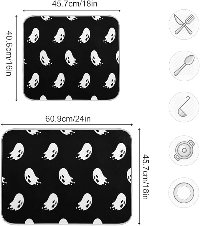 Halloween Spooky Ghost Dish Drying Mat for Kitchen Counter 16 x 18 Inch Absorbent Microfiber Dry Dishes Mats Drainer Mat Dish Drying Pad for Countertops Decor