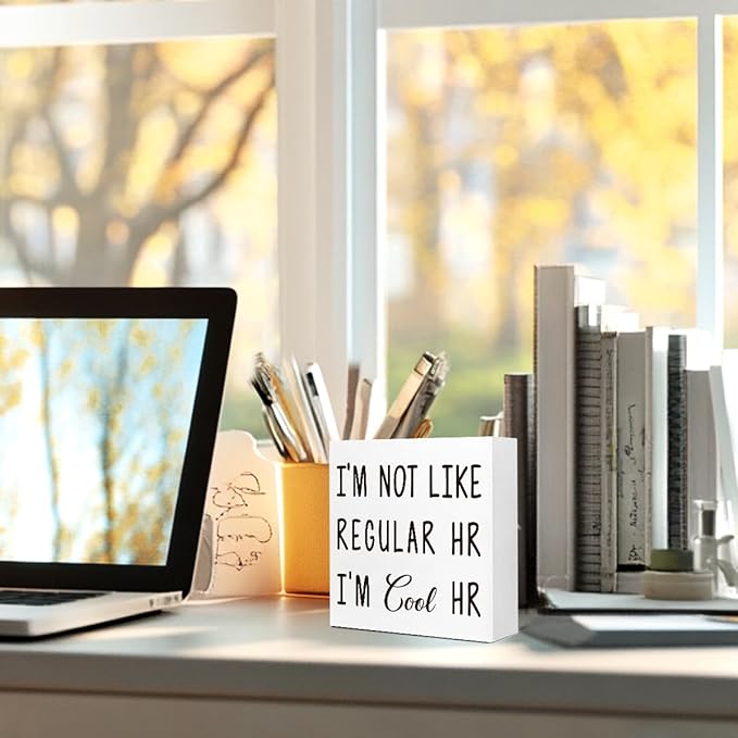 Funny Office Wood Box Sign - "I'm Not Like Regular HR I'm Cool HR" Humorous Wooden Block, 5x5x1 Inch Desk Decor for Female HR & Office Girls (Wall Mountable)