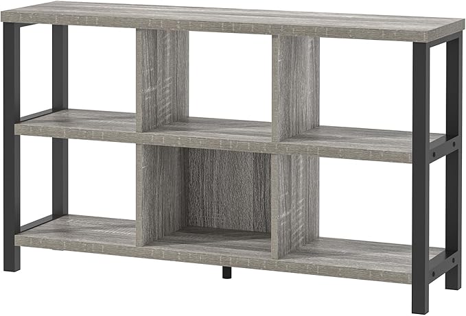 FOLUBAN 6 Cube Storage Organizer with Shelf, Industrial Horizontal Low Cubby Bookcase, Wood and Metal Bookshelf for Living Room Bedroom (Light Grey, 47 Inch)