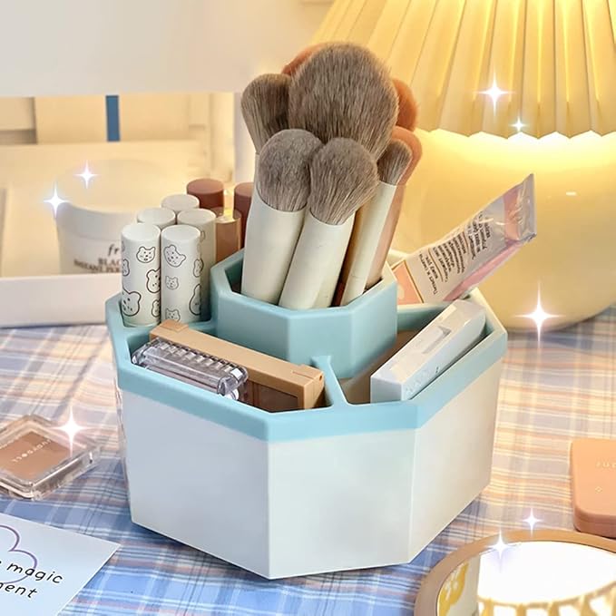 Desk Organizer, 360-Degree Rotating Multi-Functional Pen Holder, 5 Compartments Desktop Stationary Organizer, Home Office Art Supply Storage Box Caddy (White+Blue)