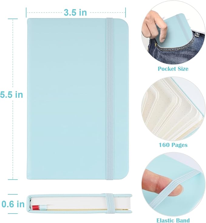 Pocket Dotted Notebook, 2-Pack Dot Grid Notebook, Dotted Journal with Stickers, 3.5" x 5.5" Hardcover, Small Mini A6 size, 160 Pages, 100 gsm Thick Paper, Sky Blue