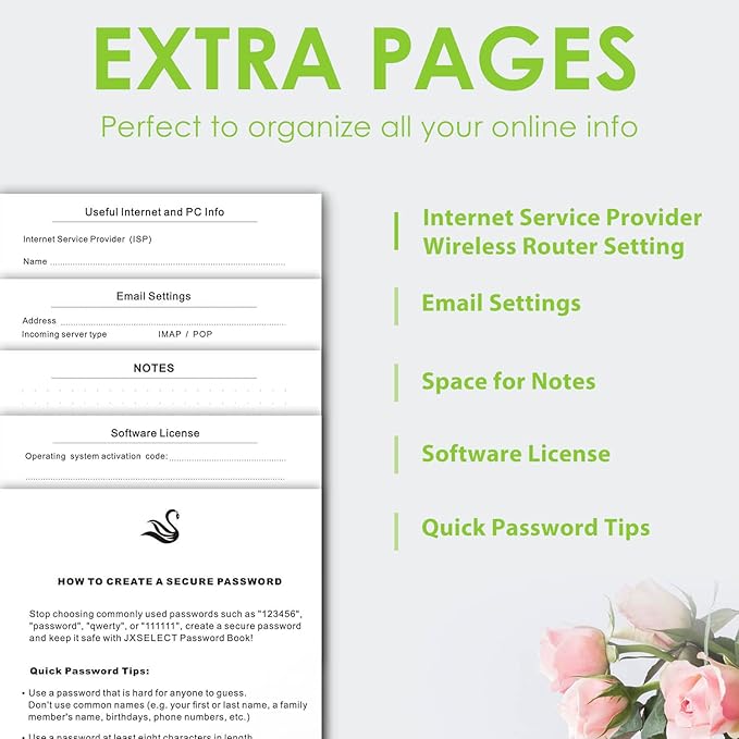 Elegant Password Book with Alphabetical Tabs - Hardcover Password Book for Internet Website Address Login - 7" x 10" Password Keeper and Organizer w/Notes Section & Back Pocket (Green)