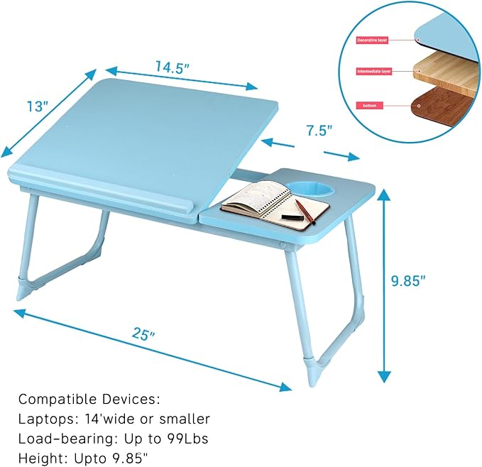 CloudTrip Laptop Desk for Bed or Couch, Lap Desk, Home office Desks, Breakfast Tray Desk, Desk with Cup Holder, Watching Movies in Bed, laptop stand for bed, Lap Desk, Fordable Legs Desk (blue) (Blue)
