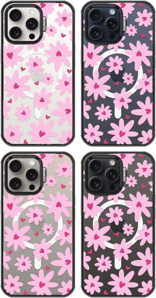 MOSNOVO Magnetic Case for iPhone 15 Pro Max, 10ft Military-Grade Protection, Compatible with Magsafe, Shockproof Phone Case for iPhone 15 Pro Max - Love in Bloom - Clear Black