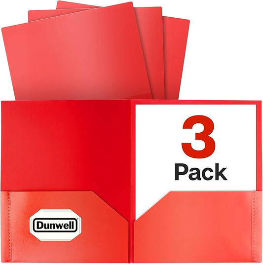 Dunwell Plastic Folders with Pockets (Red, 3 Pack), 2 Pocket Poly Folders for School, Home or Office, Durable Acid-Free Poly, Includes Removable Adhesive Labels