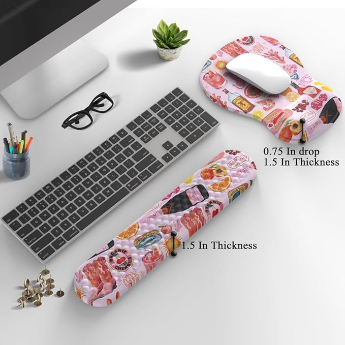 Cute Pink Mouse Pad and Keyboard with Wrist Rest Ergonomic Aesthetic Gaming Mouse Pads, Best Desk Decor Office Cute Pink Desk Accessories Mouse Pad with Wrist Rest, Vacation Style Soft Gel Material